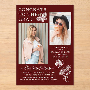 Modern Burgundy Butterfly Photo Graduation Party Acrylic Invitations