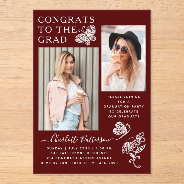 Modern Burgundy Butterfly Photo Graduation Party Acrylic Invitations (Front)