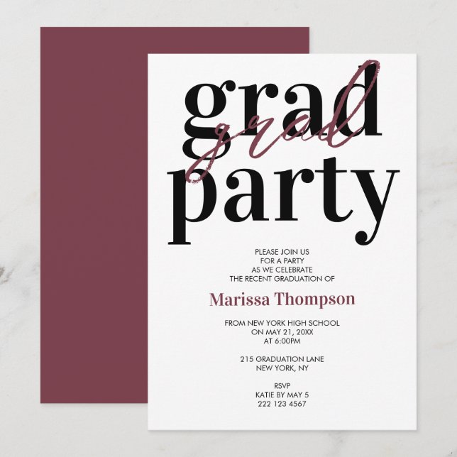 Modern Burgundy Calligraphy Graduation Party  Invitation (Front/Back)