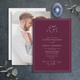 Modern Burgundy Calligraphy Monogram Photo Invitat Invitation