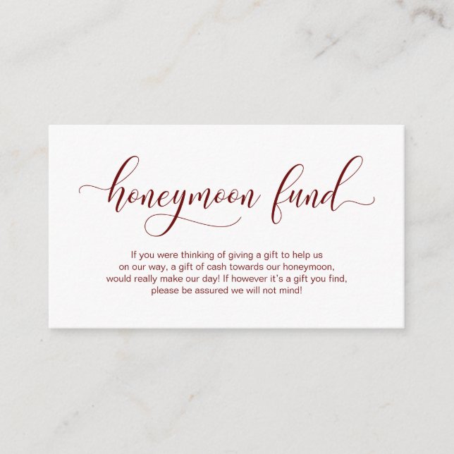 Modern burgundy calligraphy Wedding Honeymoon Fund Enclosure Card (Front)