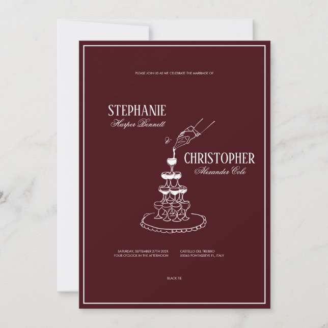 Modern Burgundy Champagne Tower Wedding Invitation (Front)