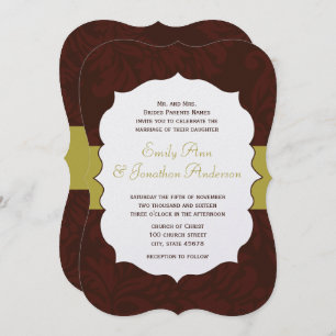 Modern Burgundy Chartreuse Damask Wedding Invite