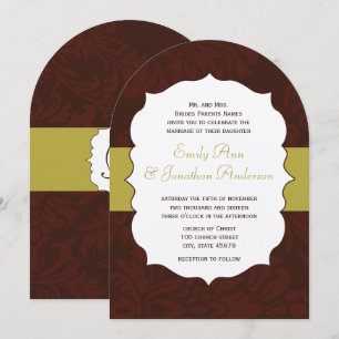 Modern Burgundy Chartreuse Damask Wedding Invite