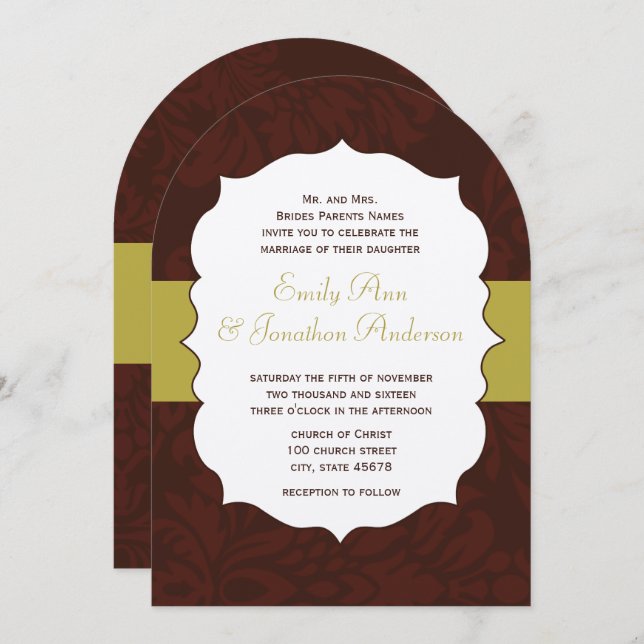 Modern Burgundy Chartreuse Damask Wedding Invite (Front/Back)