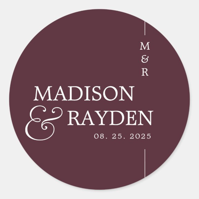 Modern Burgundy Chic Monogram Wedding Thank you  Classic Round Sticker (Front)