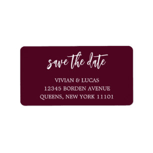 Modern Burgundy Chic Script Save The Date Label