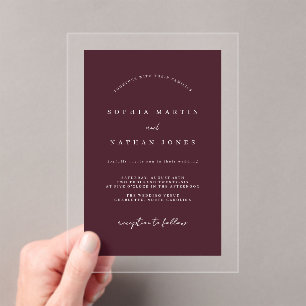 Modern Burgundy Clear Minimalist Wedding Acrylic Invitations