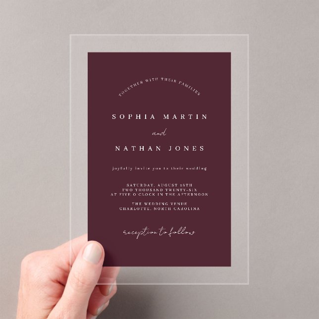 Modern Burgundy Clear Minimalist Wedding Acrylic Invitations (Insitu (Handheld))