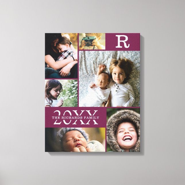 Modern Burgundy Colour Block Family 6 Photo Collag Canvas Print (Front)