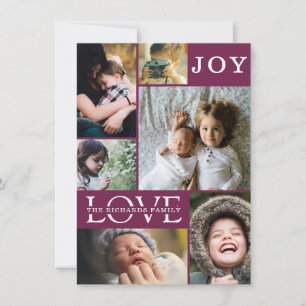 Modern Burgundy Colour Block Family 6 Photo Collag Holiday Card