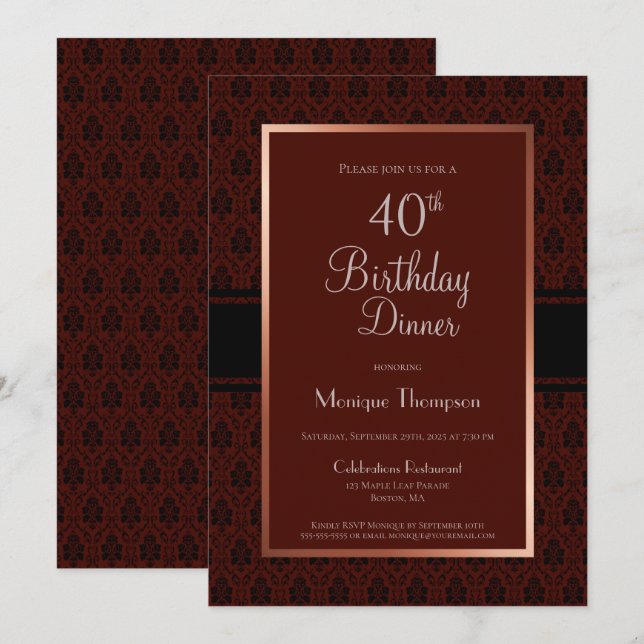 Modern Burgundy Copper 40th Birthday Dinner Party Invitation (Front/Back)