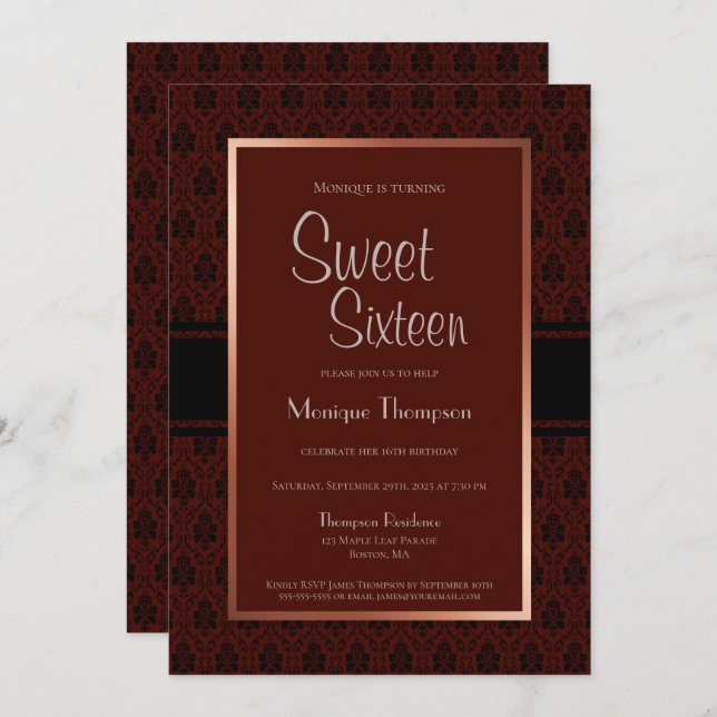Modern Burgundy Copper Sweet 16 Birthday Party Invitation (Front/Back)