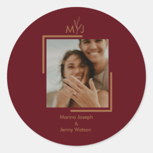 Modern Burgundy Couple Photo Monogram Classic Round Sticker