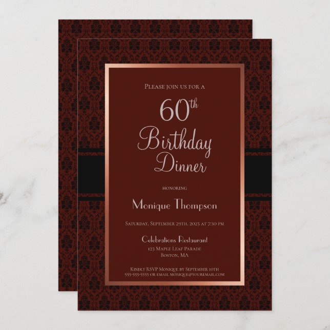 Modern Burgundy Damask 60th Birthday Dinner Party Invitation (Front/Back)