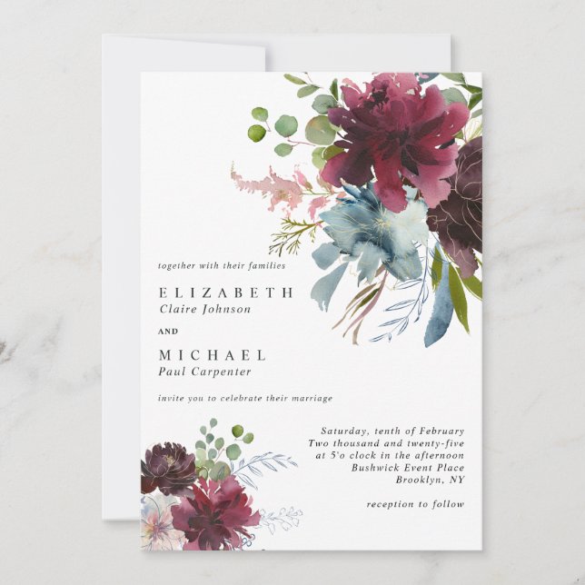 Modern Burgundy Dusty Blue Peach Floral Wedding Invitation (Front)