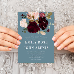 Modern burgundy dusty blue wedding invitation