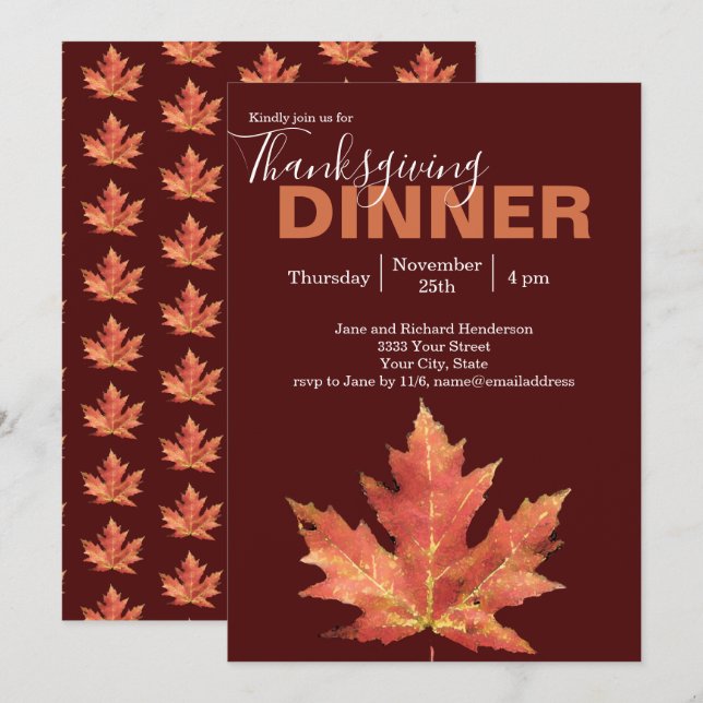 Modern Burgundy Fall Leaf Thanksgiving Dinner Invitation (Front/Back)
