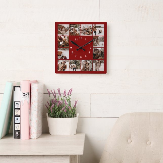Modern Burgundy Family 12 Photo Collage Keepsake Square Wall Clock (Reading Room)