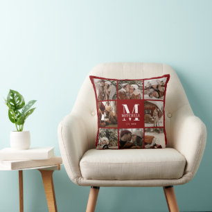 Modern Burgundy Family Photo Collage Monogram Gift Cushion