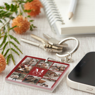 Modern Burgundy Family Photo Collage Monogram Gift Key Ring