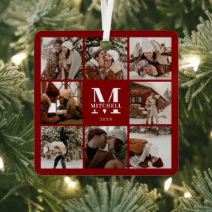 Modern Burgundy Family Photo Collage Monogram Gift Metal Tree Decoration