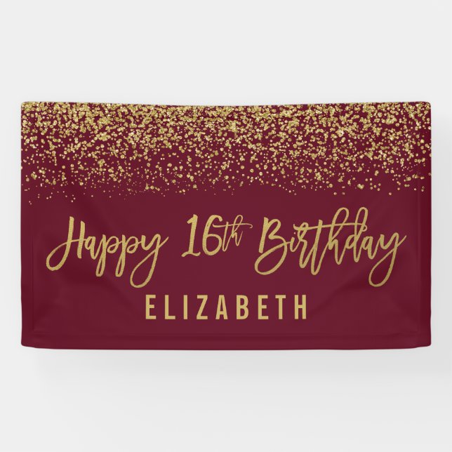 Modern Burgundy Faux Gold Glitter 16th Birthday Banner (Horizontal)