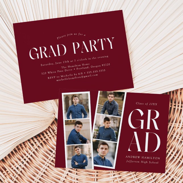 Modern Burgundy Filmstrip 6 Photo Graduation Party Invitation (Creator Uploaded)