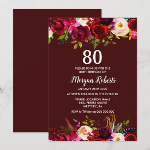 Modern Burgundy Floral 80th Birthday Party Invite