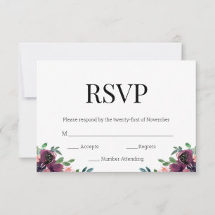 Modern Burgundy Floral Black Gold Monogram RSVP Card