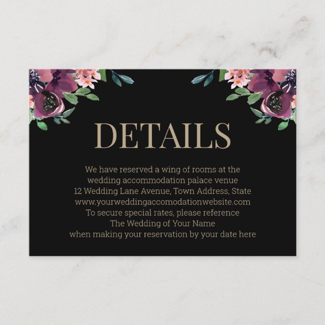 Modern Burgundy Floral Black Gold Wedding Details Enclosure Card (Front)