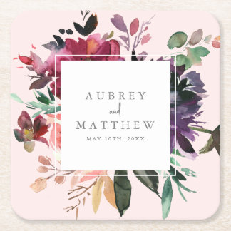 Modern Burgundy Floral Blush Pink Wedding Square Paper Coaster