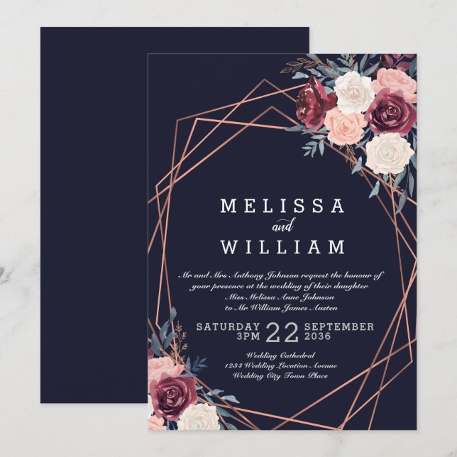 Modern Burgundy Floral Copper Navy Wedding Invitation (Front/Back)