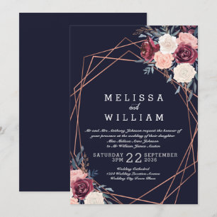 Modern Burgundy Floral Copper Navy Wedding Invitation
