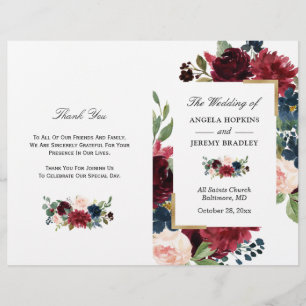 Modern Burgundy Floral Folded Wedding Program