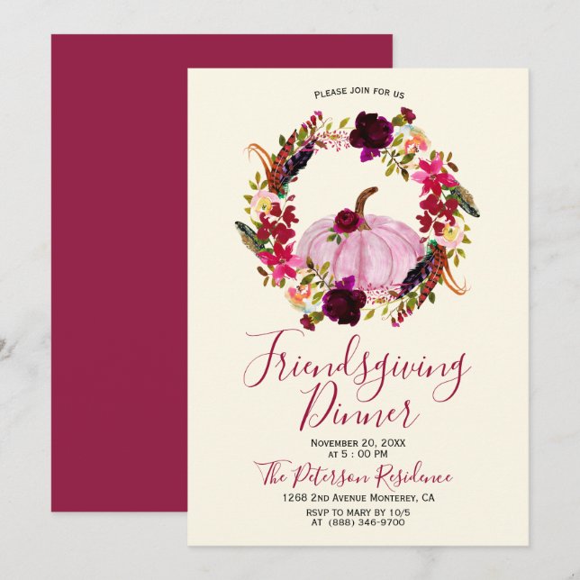 Modern Burgundy Floral Friendsgiving Invitations (Front/Back)