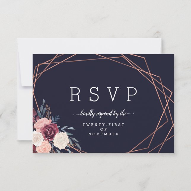 Modern Burgundy Floral Geometric Navy Meal Choice RSVP Card (Front)