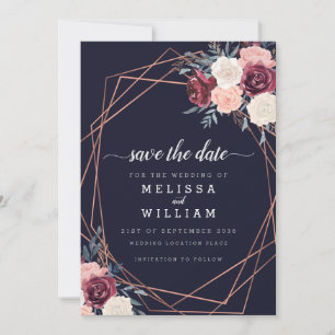 Modern Burgundy Floral Geometric Wedding Save The Date