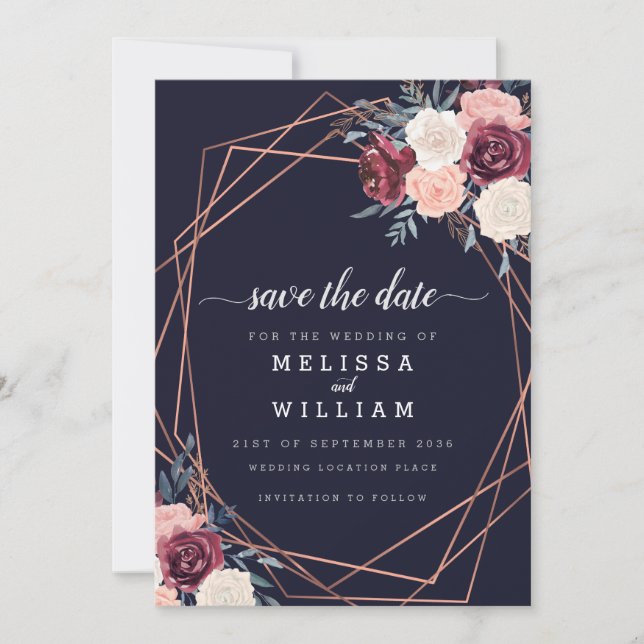 Modern Burgundy Floral Geometric Wedding Save The Date (Front)