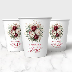 Modern Burgundy Floral Gold Bridal Shower Paper   Cups