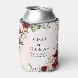 Modern burgundy floral gold geometric boho  can cooler
