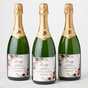 Modern burgundy floral gold geometric boho  sparkling wine label