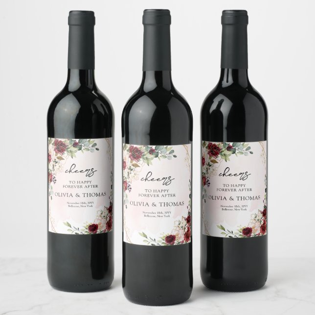 Modern burgundy floral gold geometric boho  wine label (Bottles)