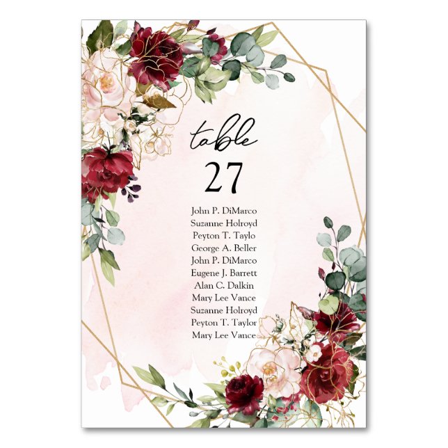 Modern burgundy floral gold geometric table number (Front)