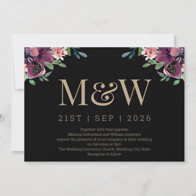 Modern Burgundy Floral Gold Monogram Wedding Invitation (Front)