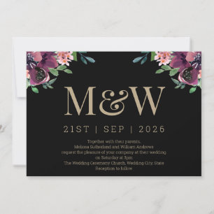 Modern Burgundy Floral Gold Monogram Wedding Invitation