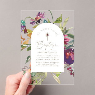 Modern Burgundy Floral Gold Script Elegant Baptism Acrylic Invitations