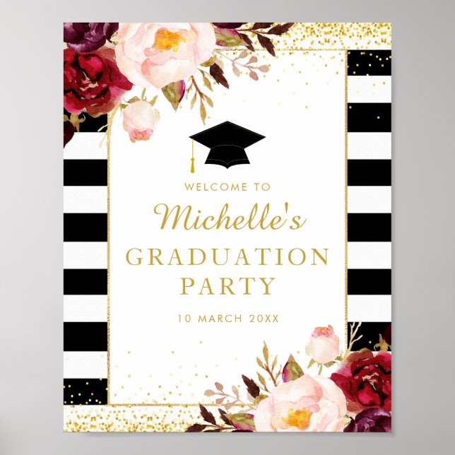 Modern Burgundy floral graduation welcome sign (Front)