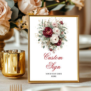 Modern Burgundy Floral Greenery Gold Custom Sign