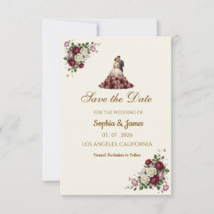 Modern Burgundy Floral Illustrated Photo Save the Date